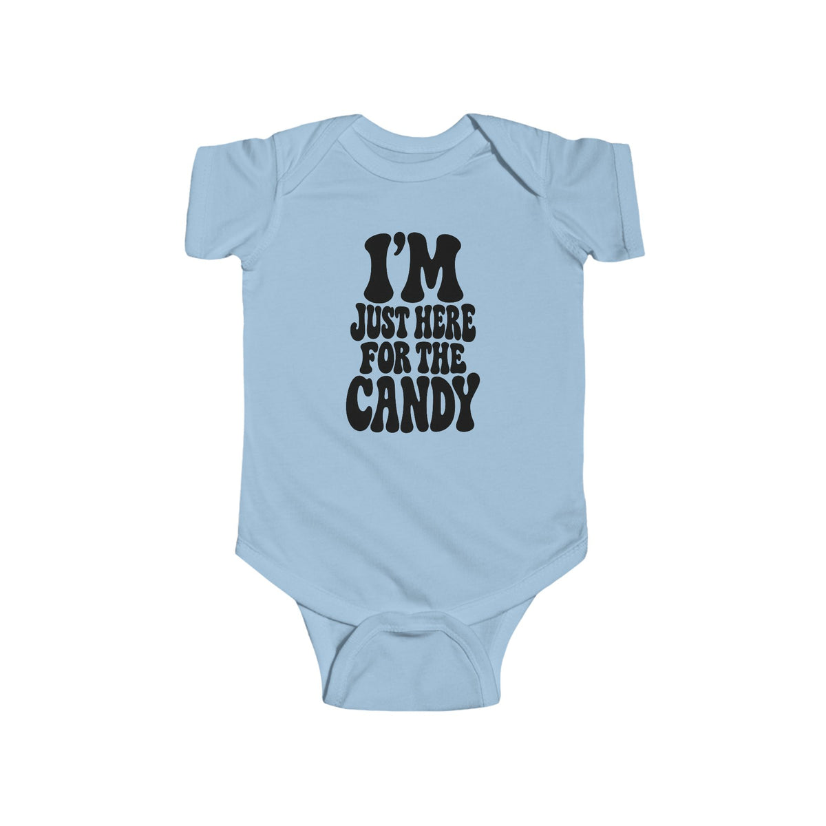 Light blue baby bodysuit with "I'm just here for the candy" graphic on the front