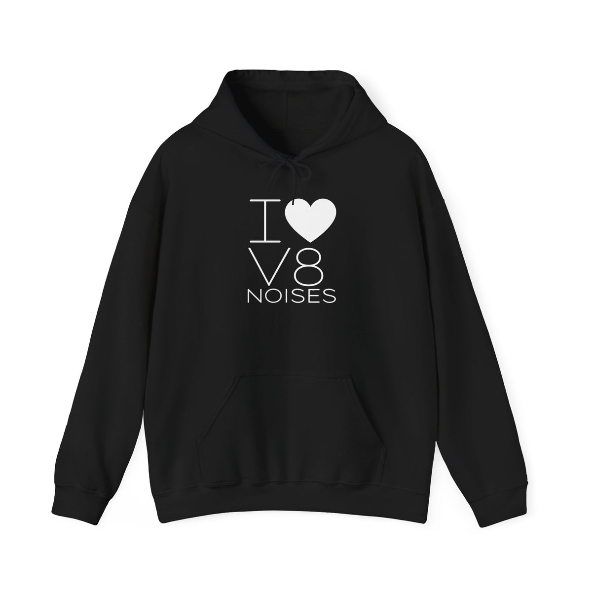 Black hoodie with front pouch and I heart V8 noises graphic