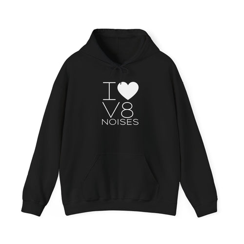 Black hoodie with front pouch and I heart V8 noises graphic