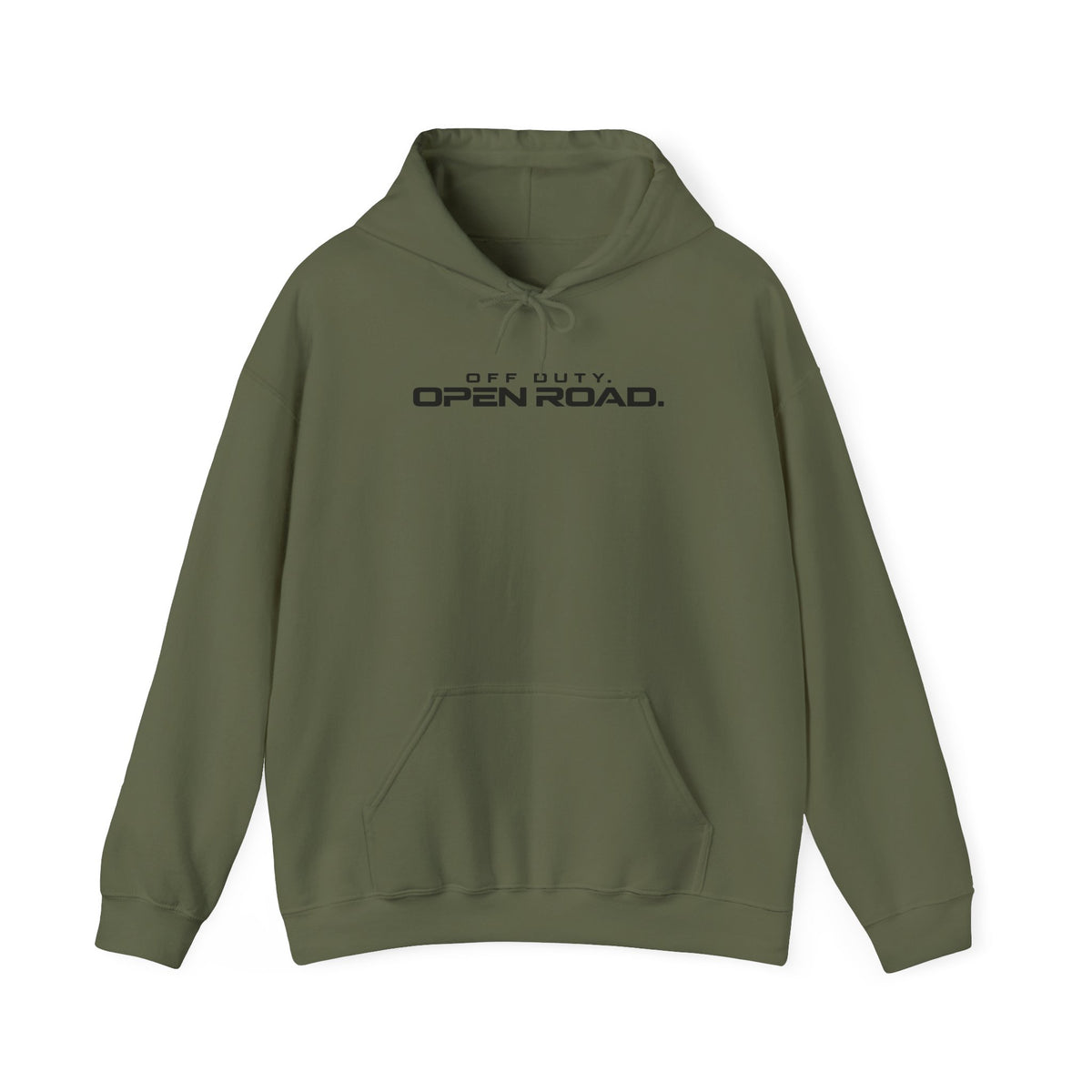Olive green hoodie with pullover hood, front pocket, and Open Road logo embroidery