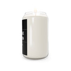 Clear glass jar soy candle with off-white wax and black label panel, with flame