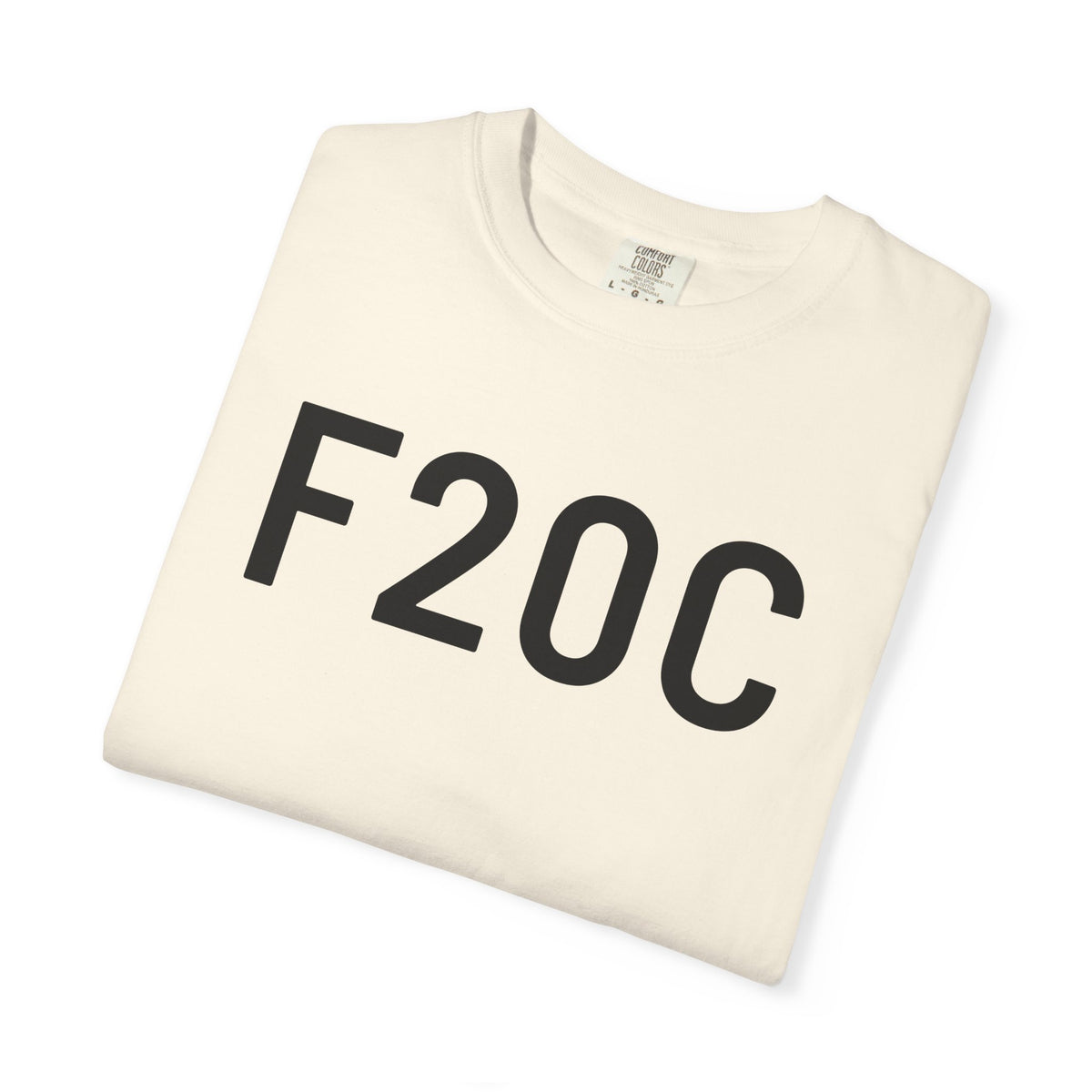 Ivory T-shirt with large black "F20C" graphic on front