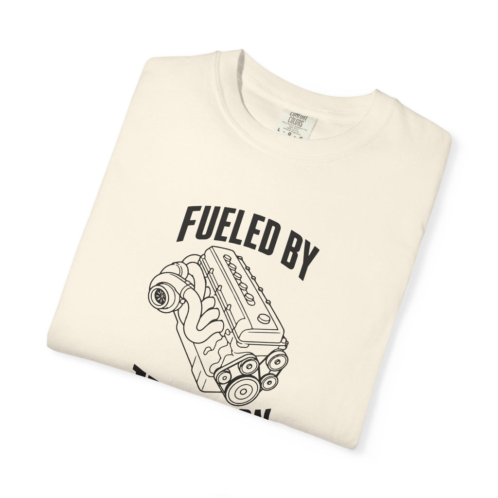 Ivory crewneck T-shirt with “Fueled by Tradition” engine graphic on front