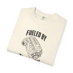 Ivory crewneck T-shirt with “Fueled by Tradition” engine graphic on front