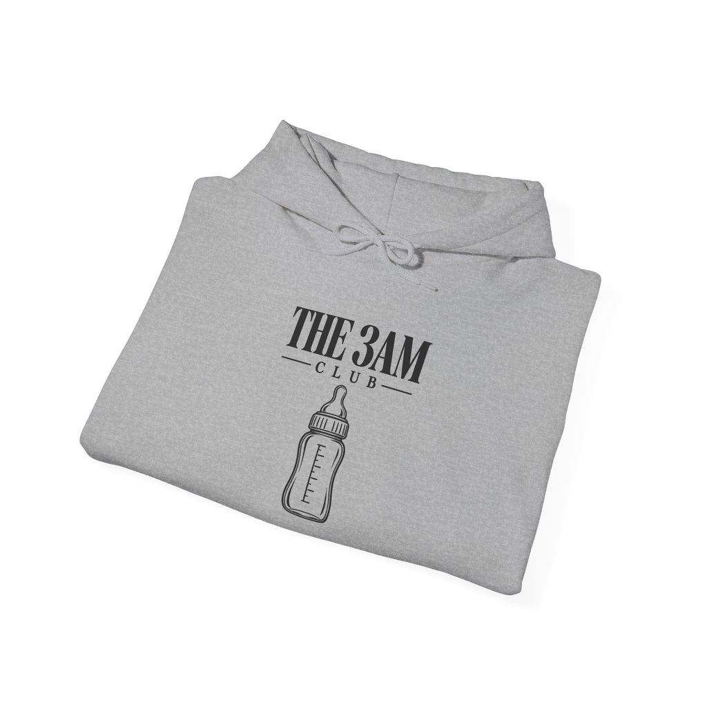 Light gray pullover hoodie with baby bottle club graphic and drawstring hood