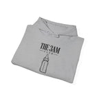Light gray pullover hoodie with baby bottle club graphic and drawstring hood