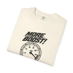 Ivory crewneck T-shirt with 'More Boost!' stopwatch graphic on the chest