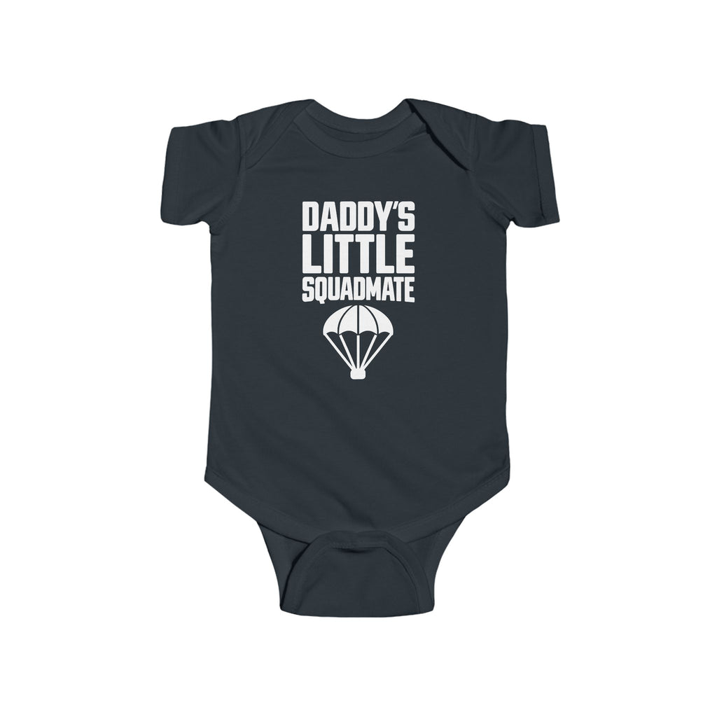 Black baby bodysuit with 'Daddy's Little Squadamate' parachute graphic
