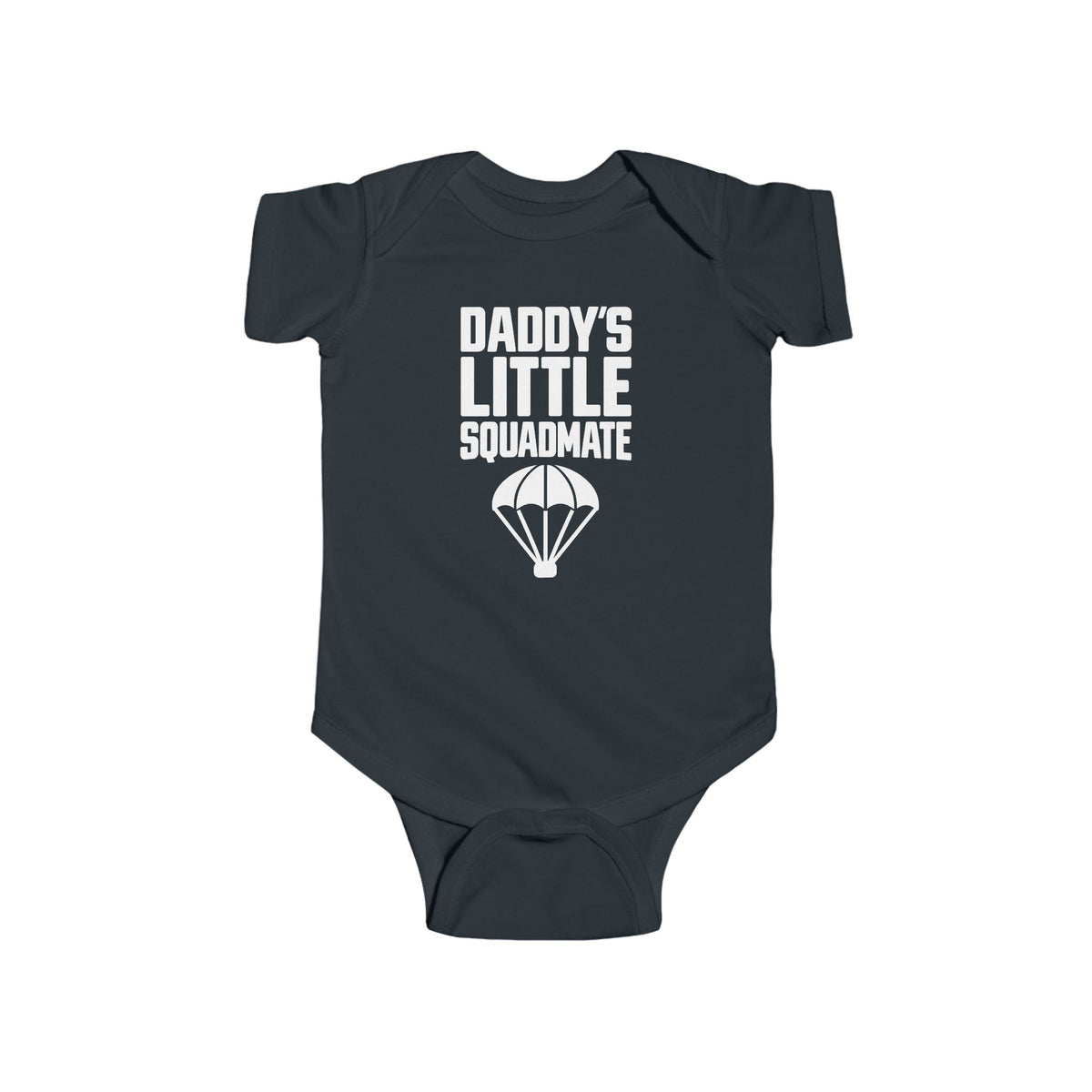 Black baby bodysuit with 'Daddy's Little Squadamate' parachute graphic