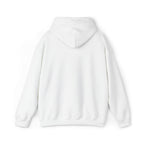 White pullover hoodie with hood and front pouch pocket.