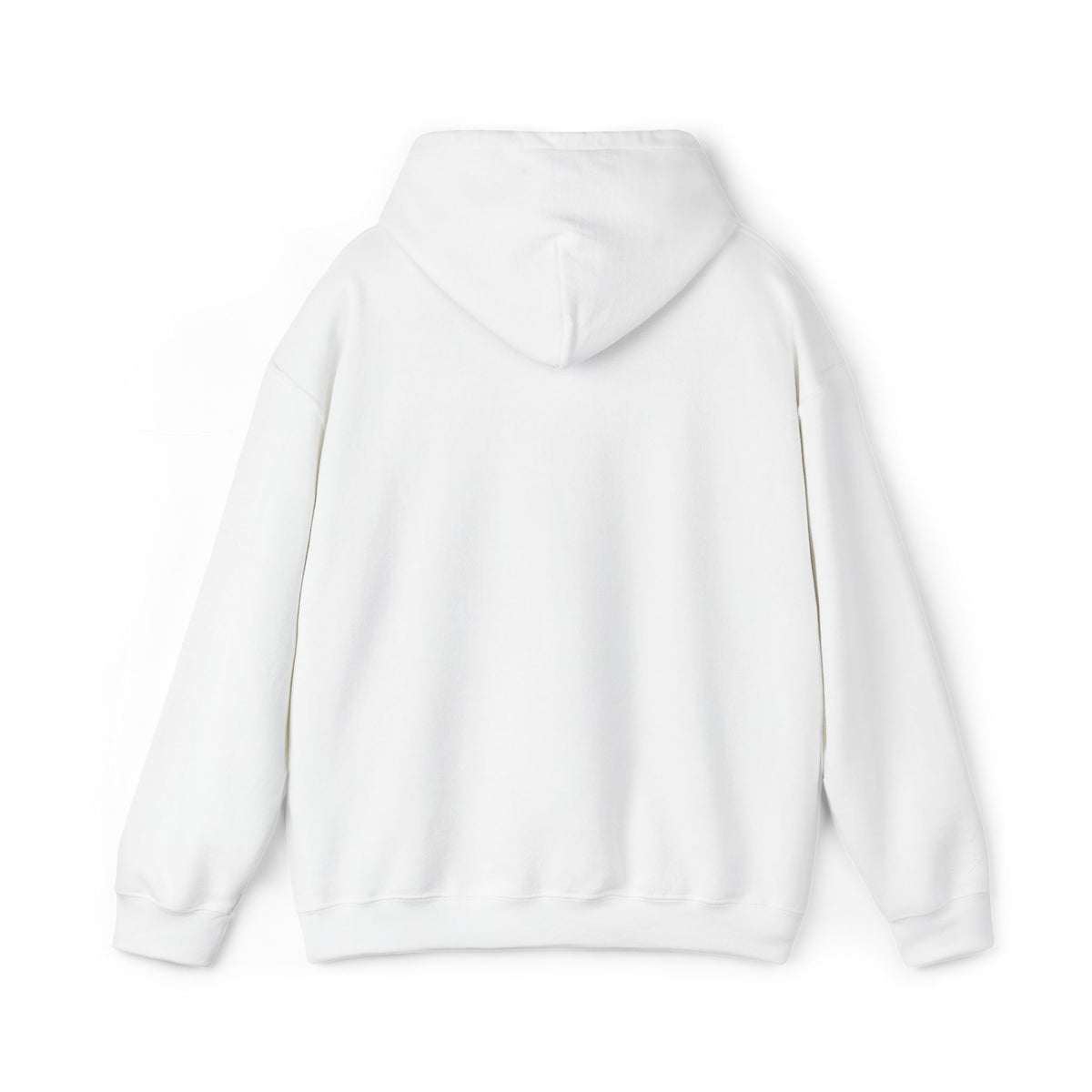 White pullover hoodie with hood and front pouch pocket.