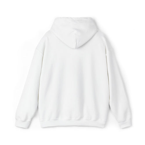 White pullover hoodie with hood and front pouch pocket.