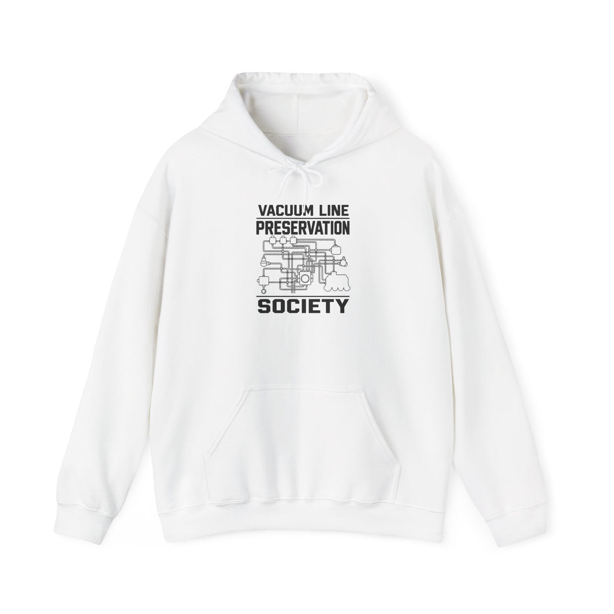 White pullover hoodie with Vacuum Line Preservation Society chest graphic and hood.