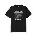 Black t-shirt with Vacuum Line Preservation Society graphic on the front