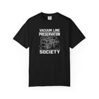 Black t-shirt with Vacuum Line Preservation Society graphic on the front