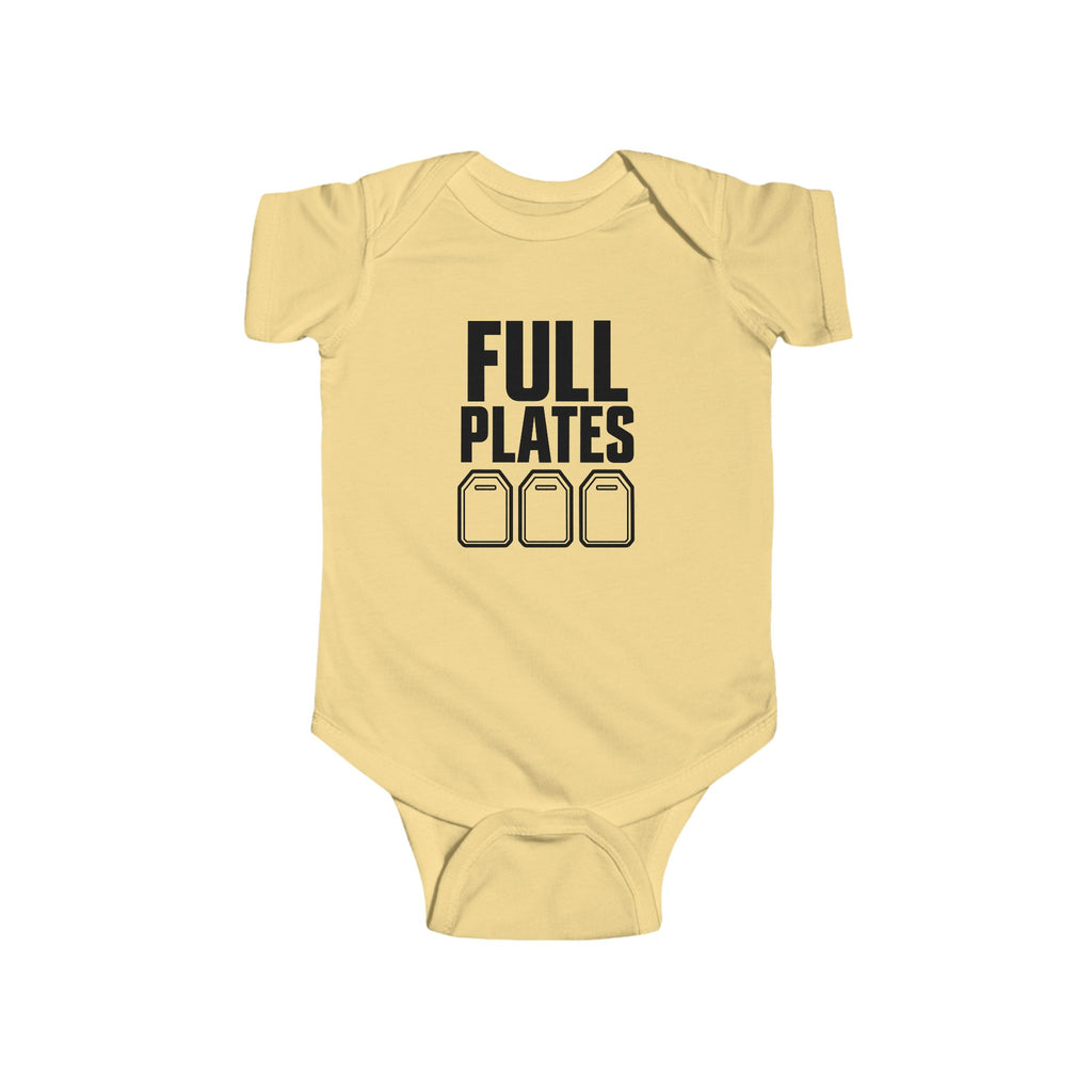 Butter baby bodysuit with “FULL PLATES” gaming graphic on the front