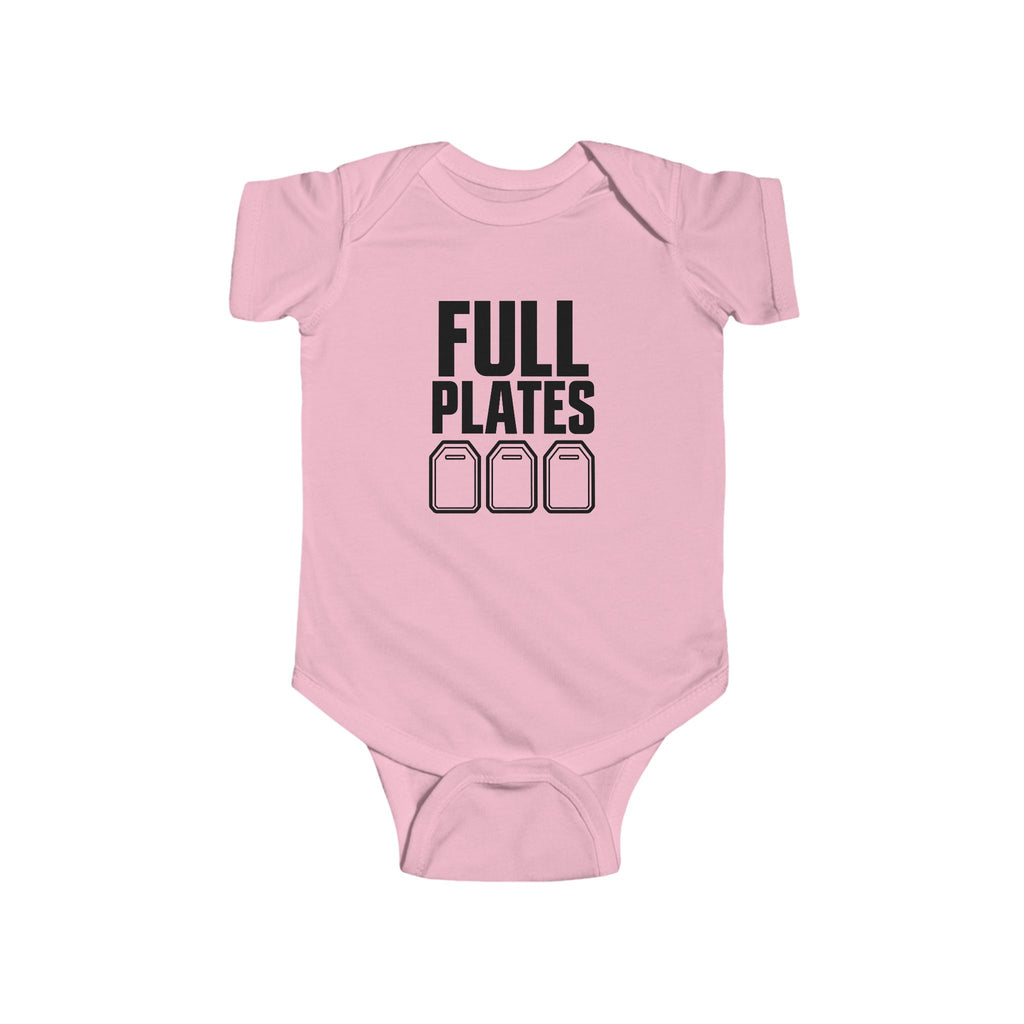 Pink baby bodysuit with “FULL PLATES” gaming graphic on the front