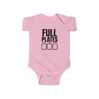 Pink baby bodysuit with “FULL PLATES” gaming graphic on the front