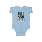 Light blue baby bodysuit with “FULL PLATES” gaming graphic on the front