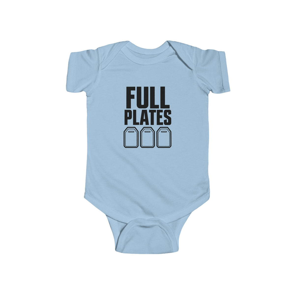 Light blue baby bodysuit with “FULL PLATES” gaming graphic on the front