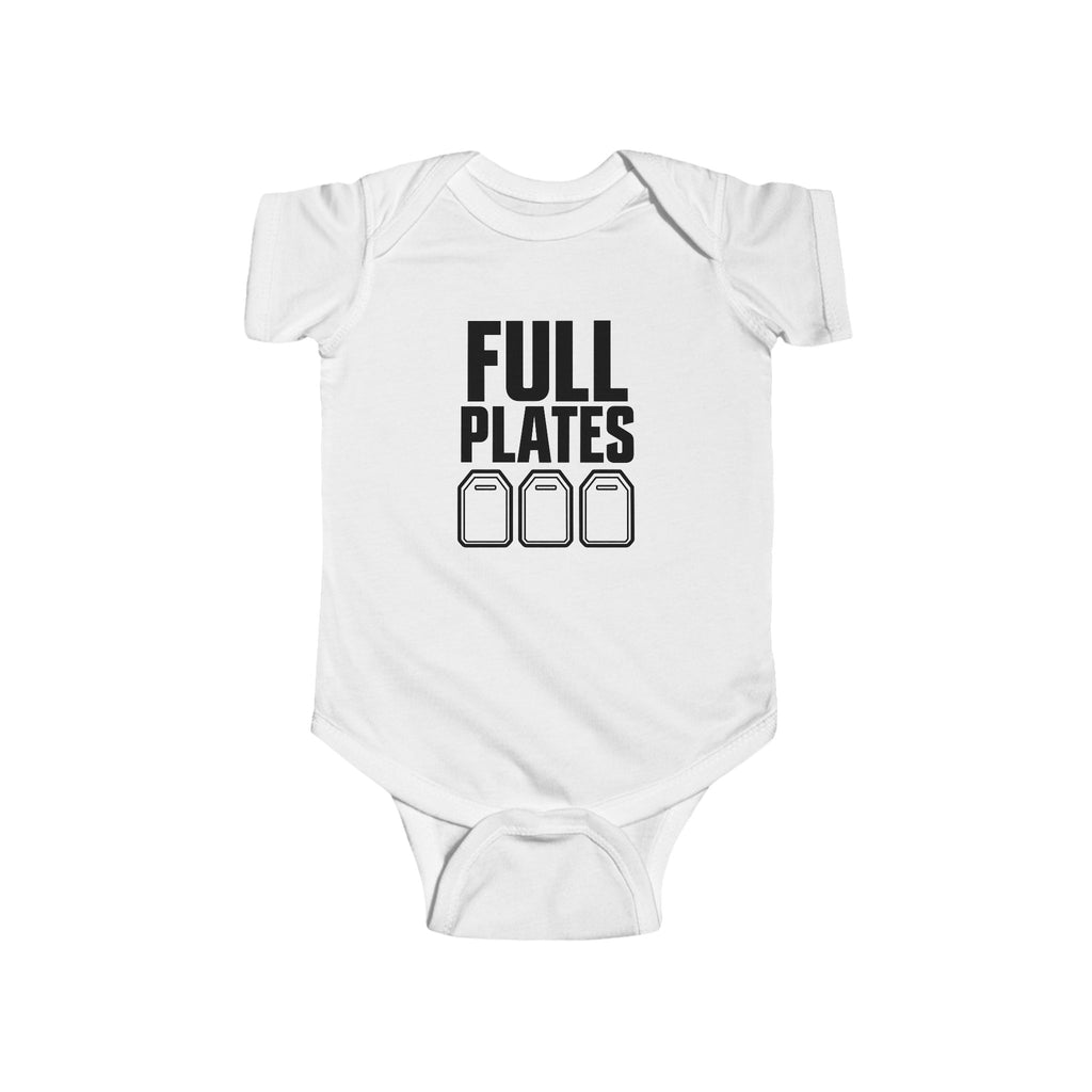 White baby bodysuit with “FULL PLATES” gaming graphic on the front