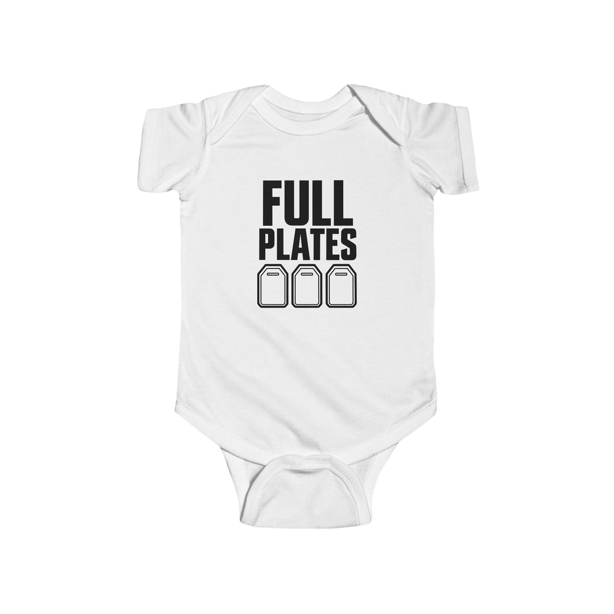 White baby bodysuit with “FULL PLATES” gaming graphic on the front