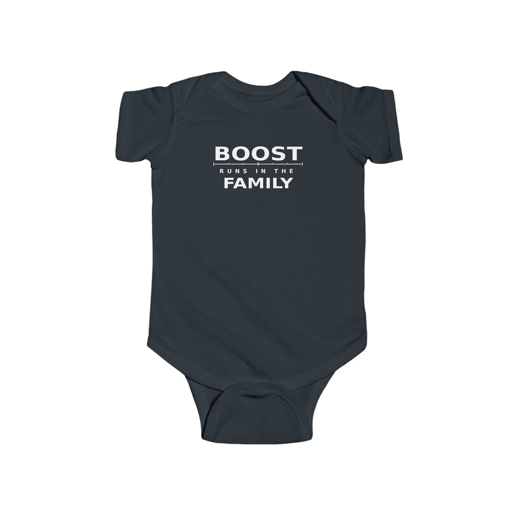 Dark baby bodysuit with 'BOOST' graphic on front