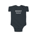 Dark baby bodysuit with 'BOOST' graphic on front