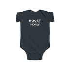 Dark baby bodysuit with 'BOOST' graphic on front