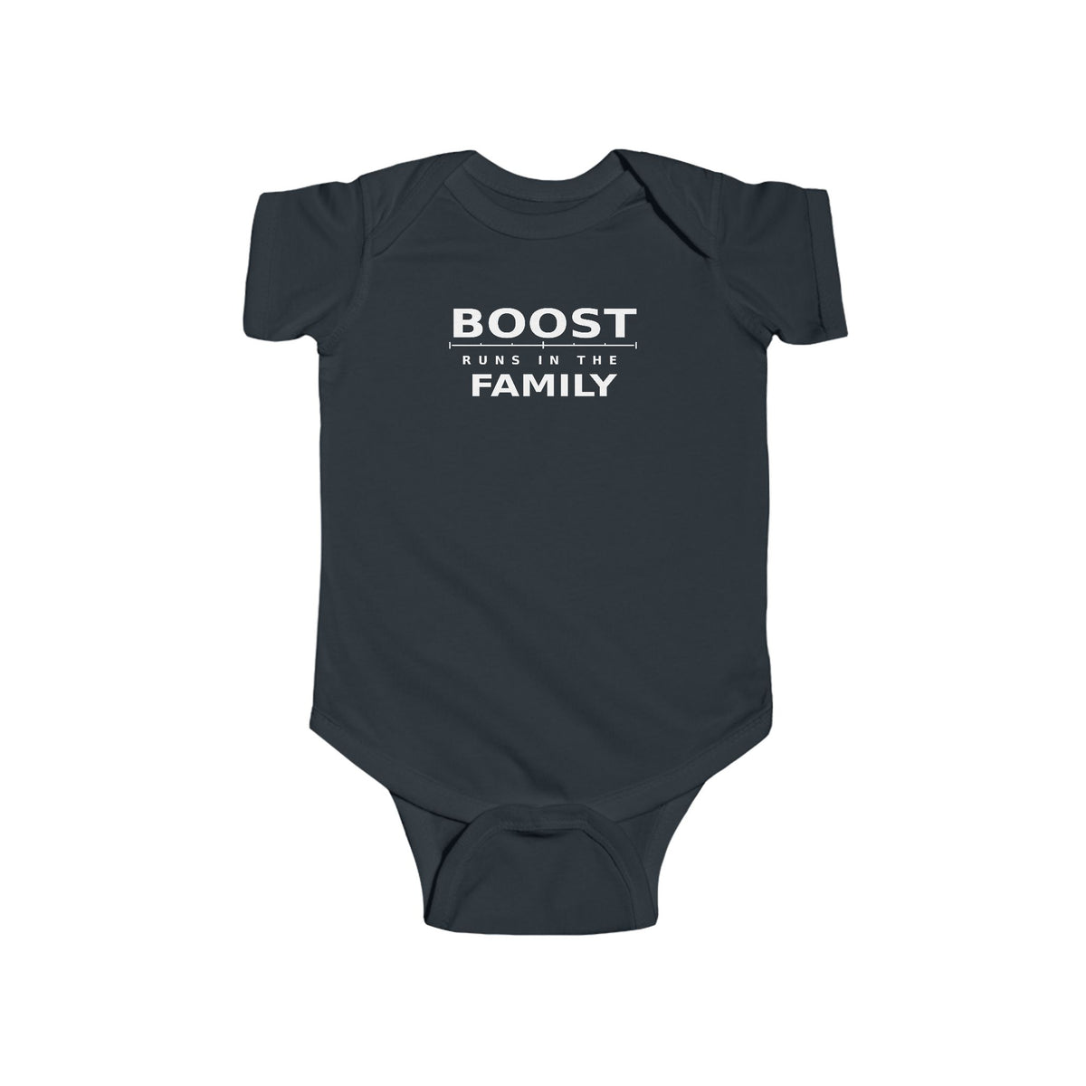 Dark baby bodysuit with 'BOOST' graphic on front