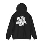 Black pullover back print hoodie with large slogan text on the hooded back