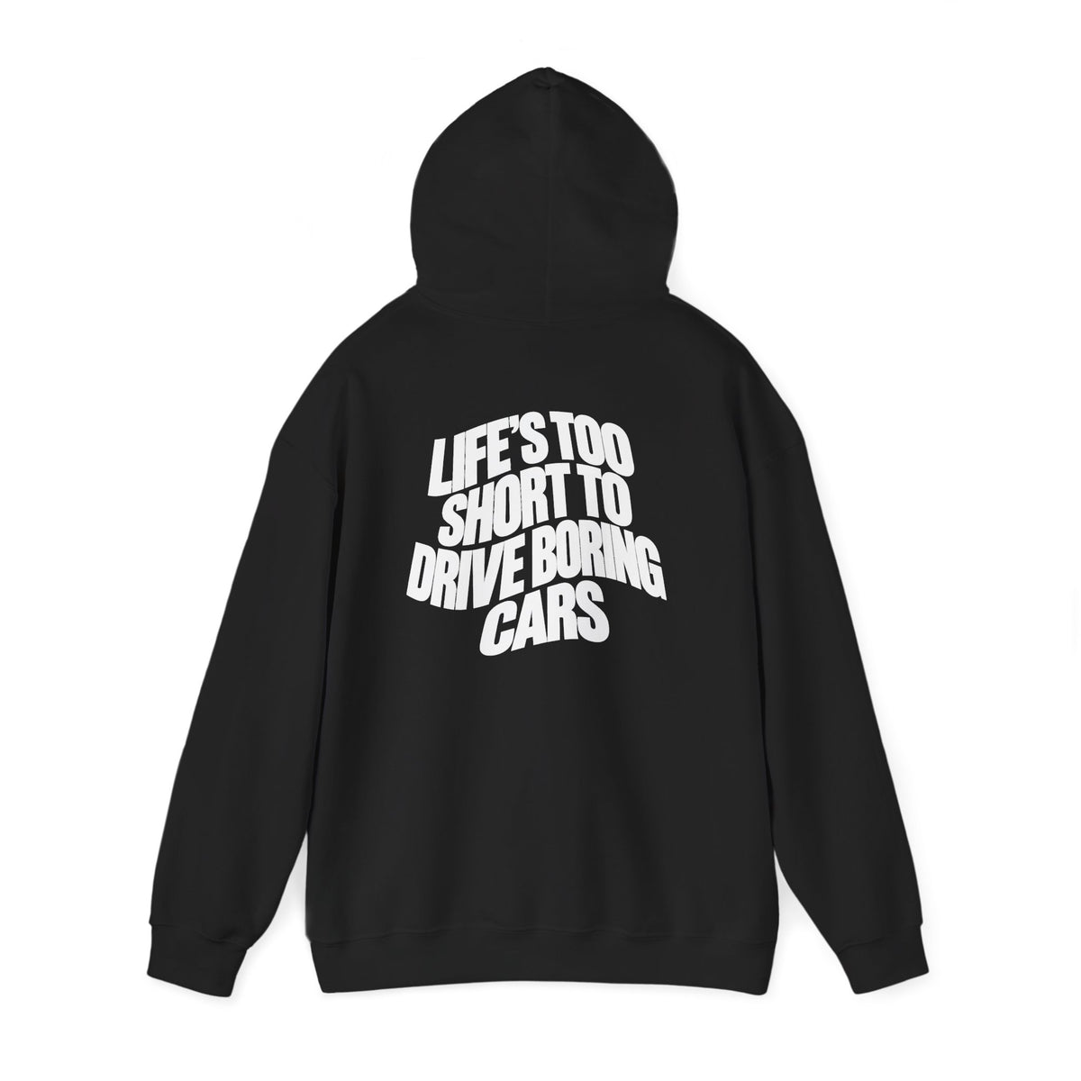 Black pullover back print hoodie with large slogan text on the hooded back