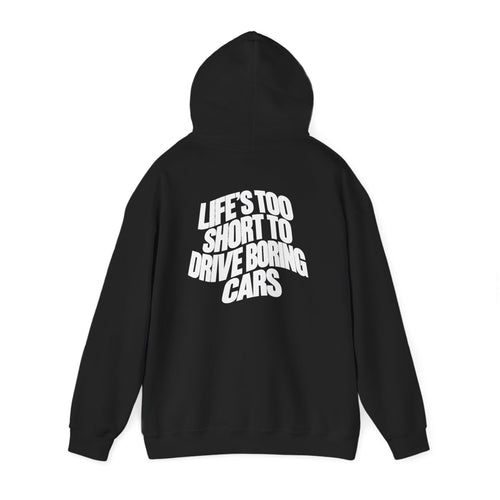 Black pullover back print hoodie with large slogan text on the hooded back