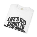 White short-sleeve T-shirt laid flat with front slogan graphic