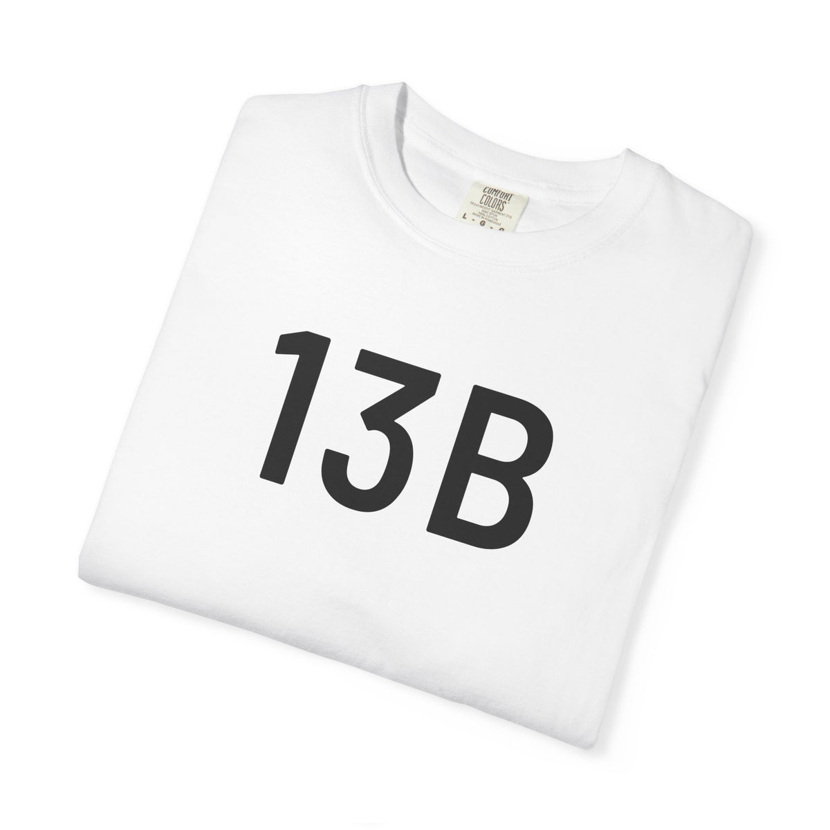 White crew-neck T-shirt with dark 13B logo graphic