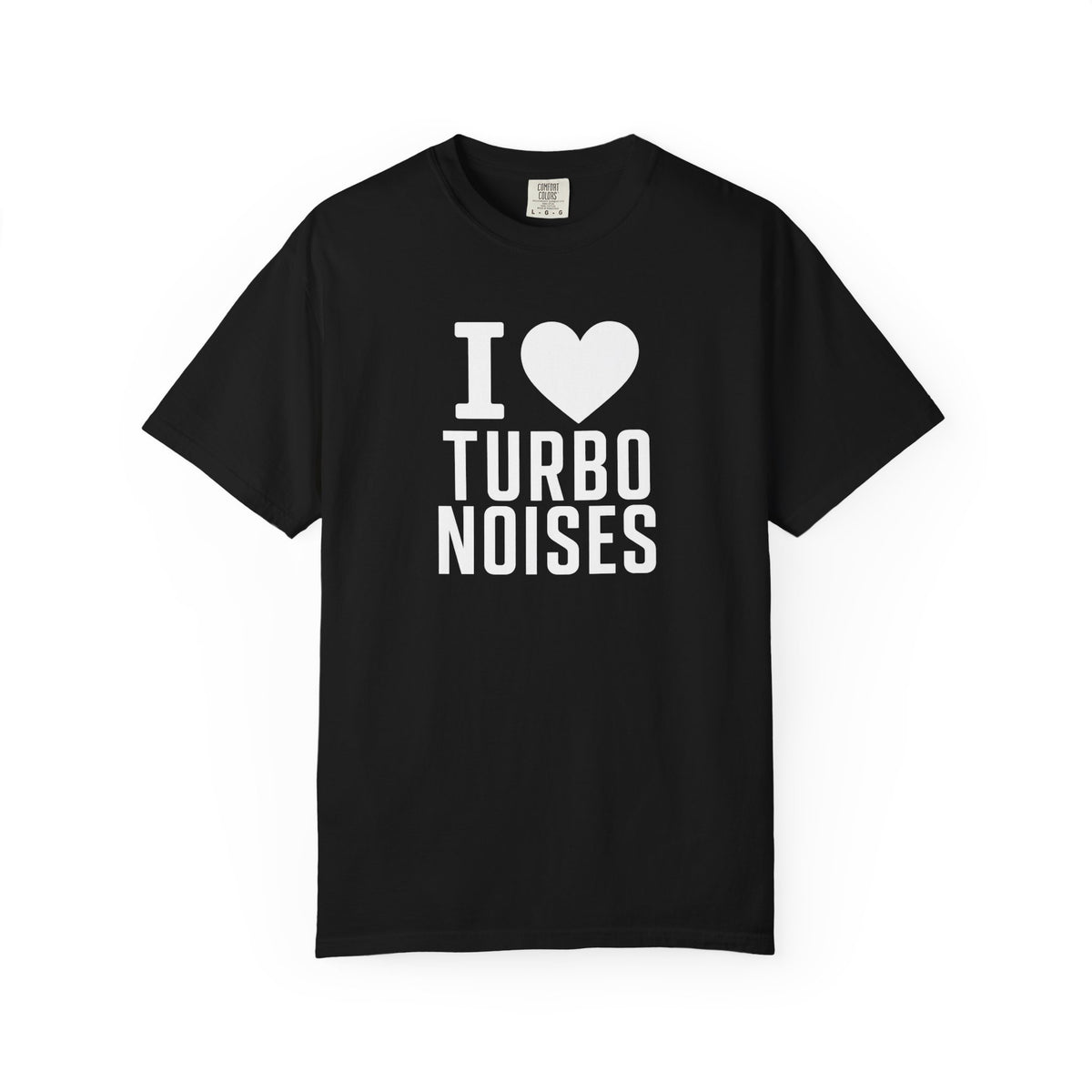 Black crew-neck T-shirt with large 'I ♥ TURBO NOISES' graphic