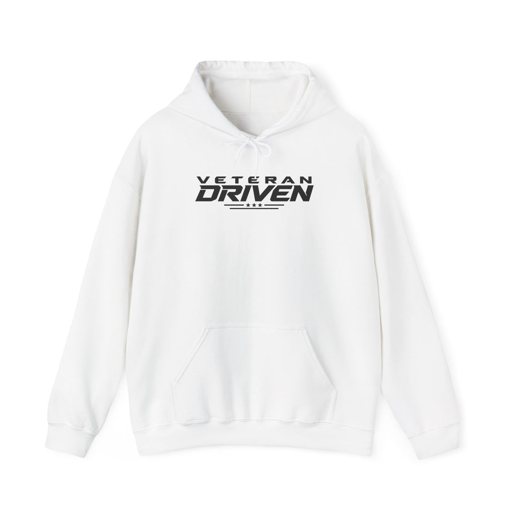 White hoodie with Veteran Driven logo, hood drawstrings, and front kangaroo pocket