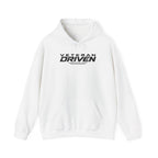 White hoodie with Veteran Driven logo, hood drawstrings, and front kangaroo pocket