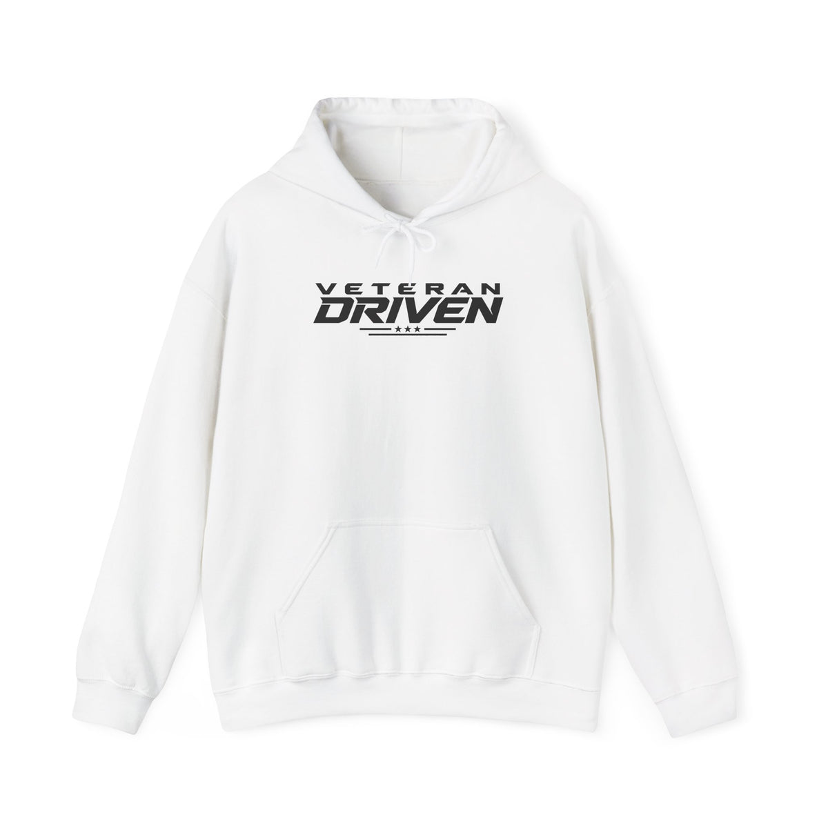 White hoodie with Veteran Driven logo, hood drawstrings, and front kangaroo pocket