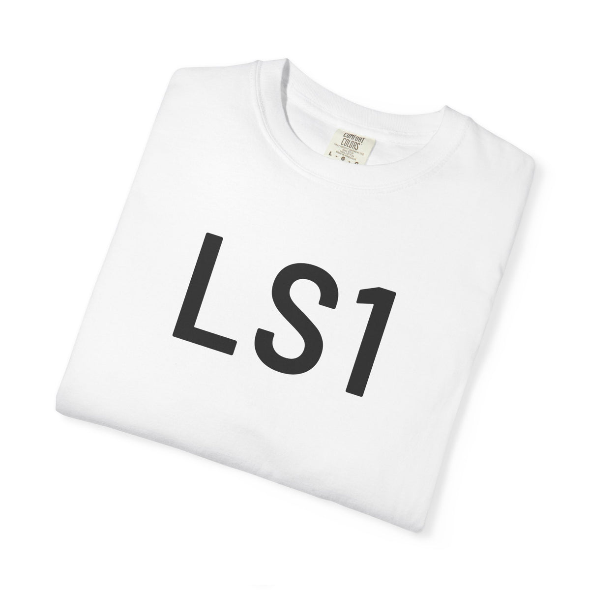 White T-shirt with black “LS1” logo print on the front, folded angle