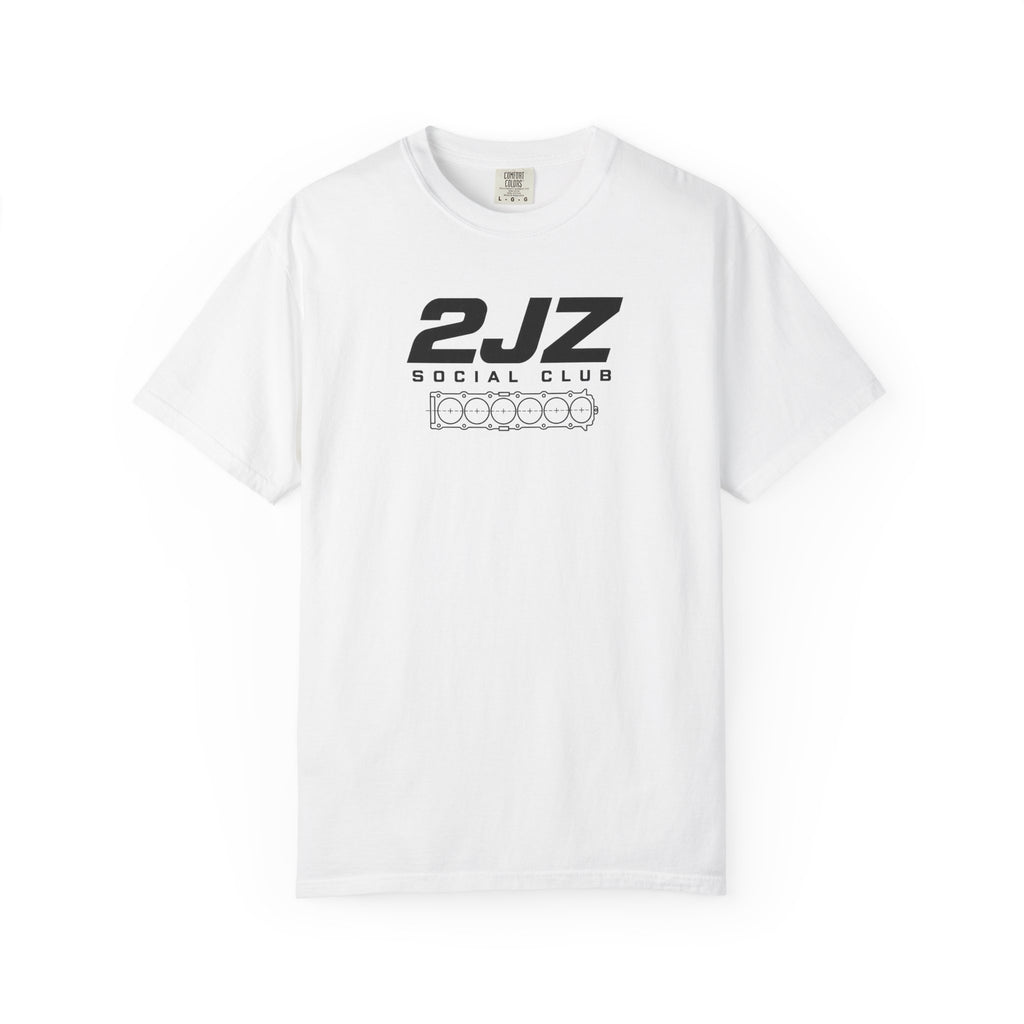 White crew-neck T-shirt with 2JZ Social Club front graphic