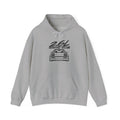 Light gray hoodie with drawstring hood and kangaroo pocket, front car graphic print.