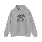 Light gray hoodie with drawstring hood and kangaroo pocket, front car graphic print.