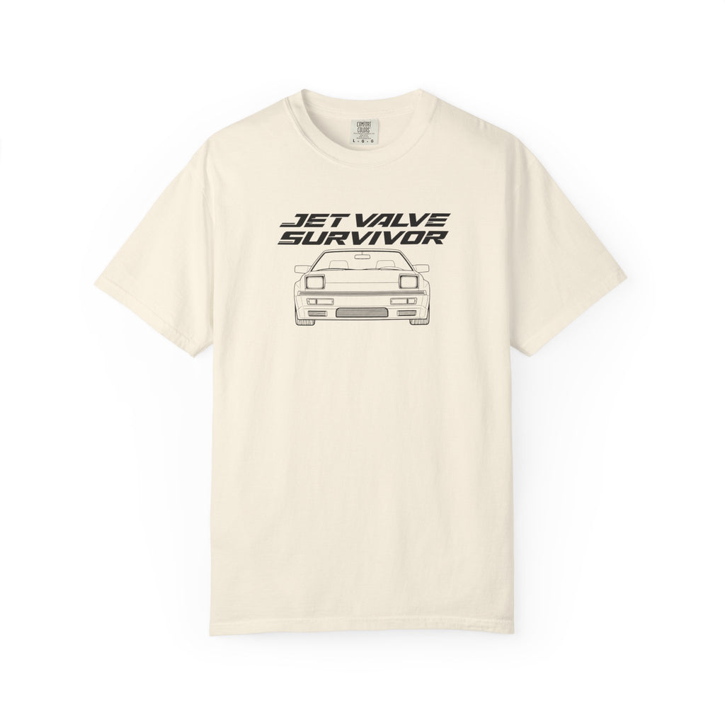 Ivory crew-neck T-shirt with Jet Valve Survivor front car graphic