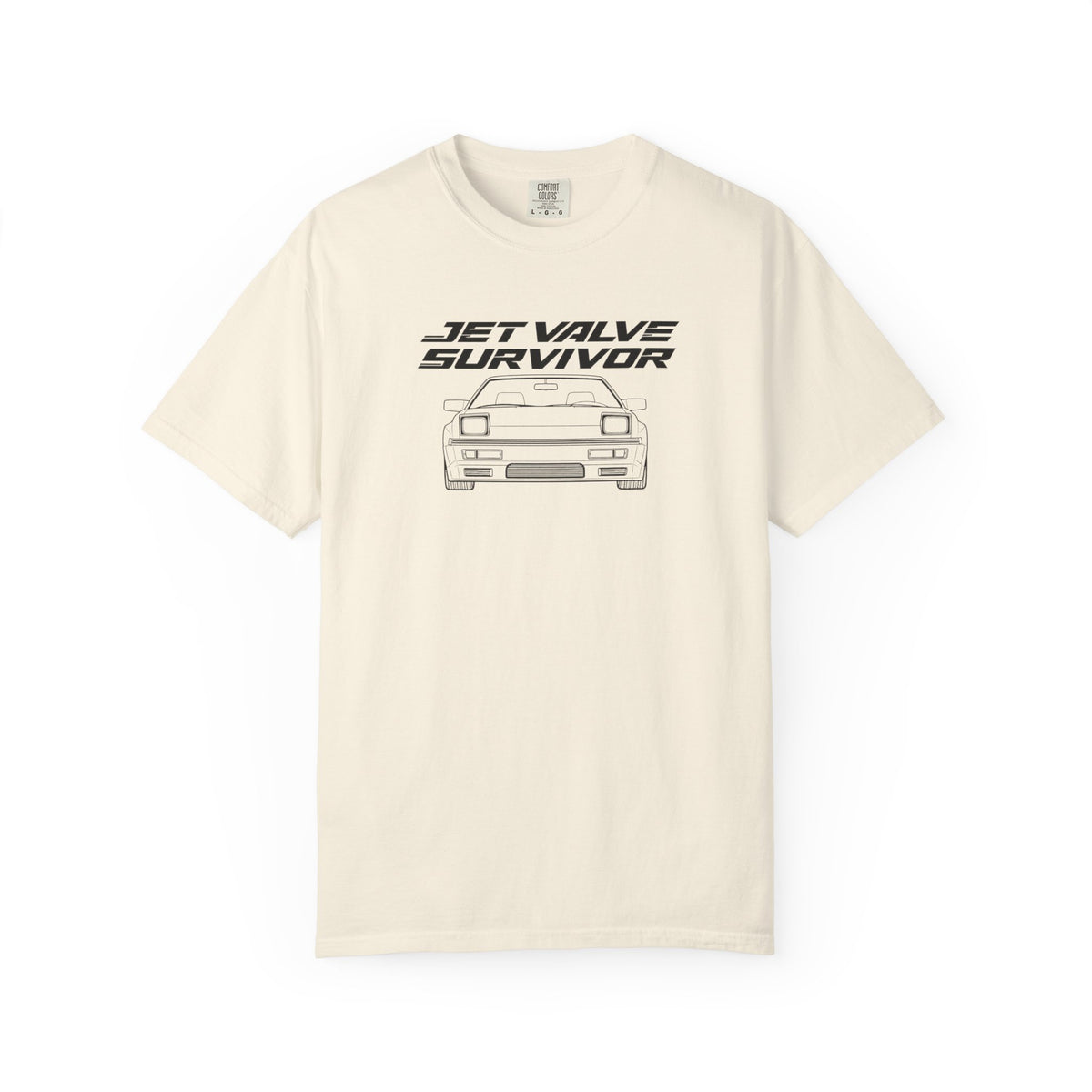 Ivory crew-neck T-shirt with Jet Valve Survivor front car graphic