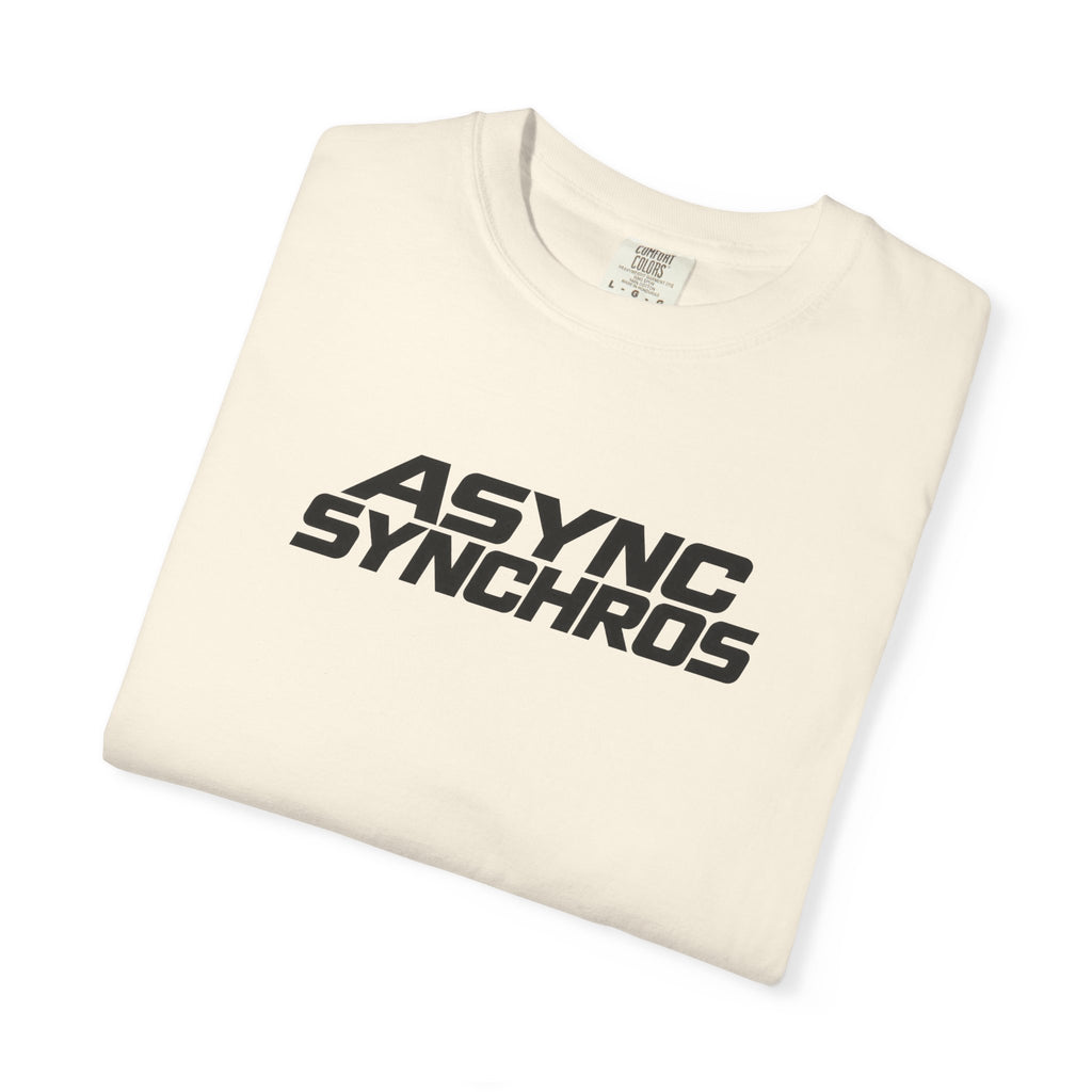 Ivory crewneck T-shirt with black ASYNC SYNCHROS logo, short sleeves