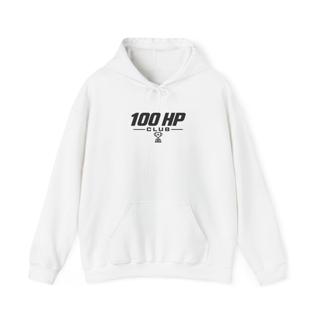 White pullover hoodie with drawstring hood, kangaroo pocket, and 100 HP Club logo