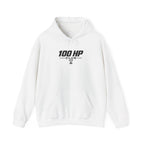 White pullover hoodie with drawstring hood, kangaroo pocket, and 100 HP Club logo