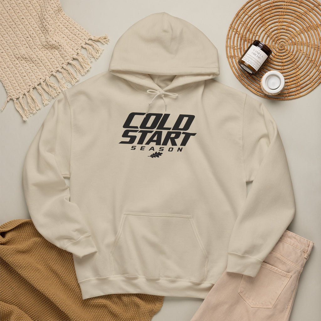 Sand pullover hoodie with front Cold Start Season graphic and drawstring hood