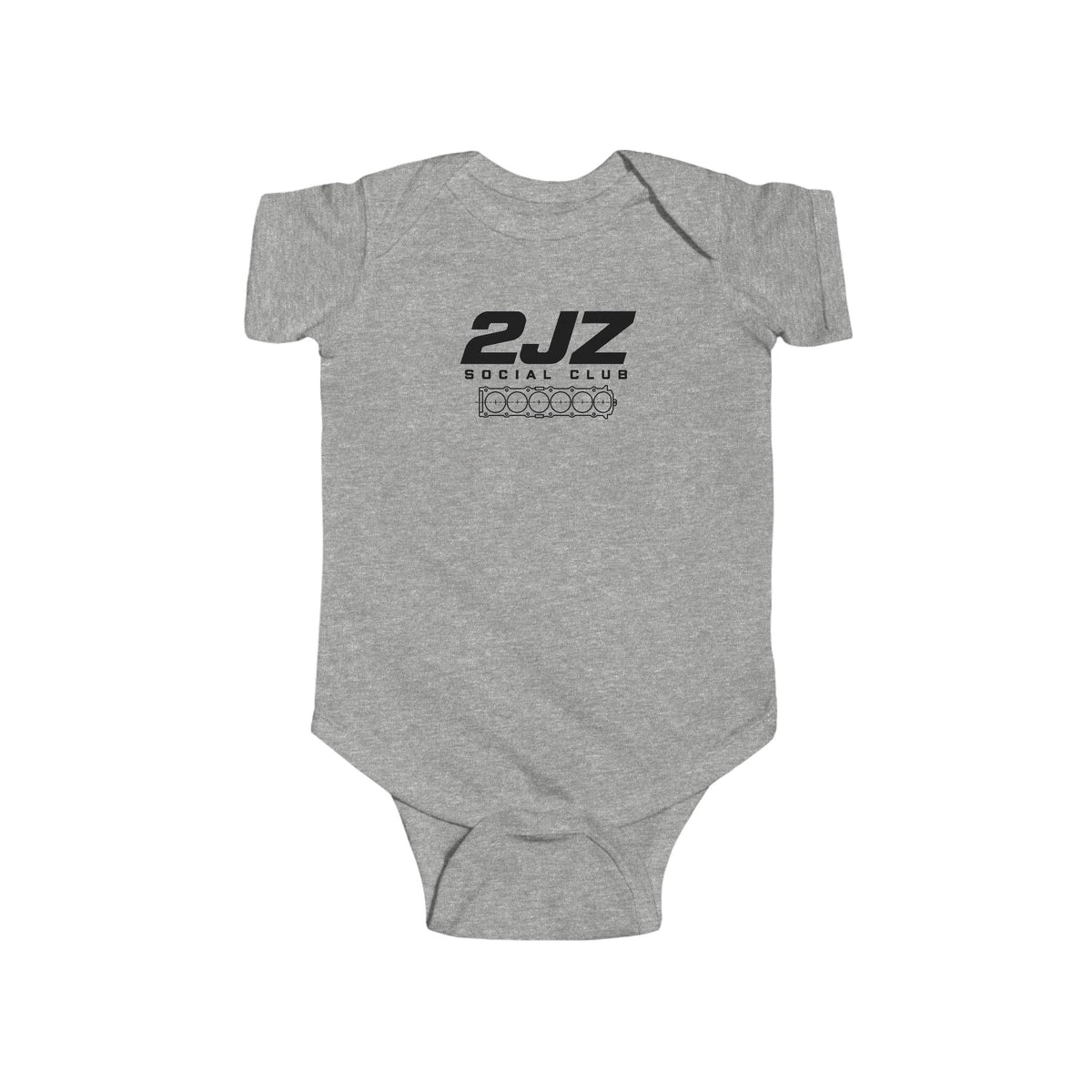 Heather gray baby bodysuit with 2JZ Social Club logo on the front